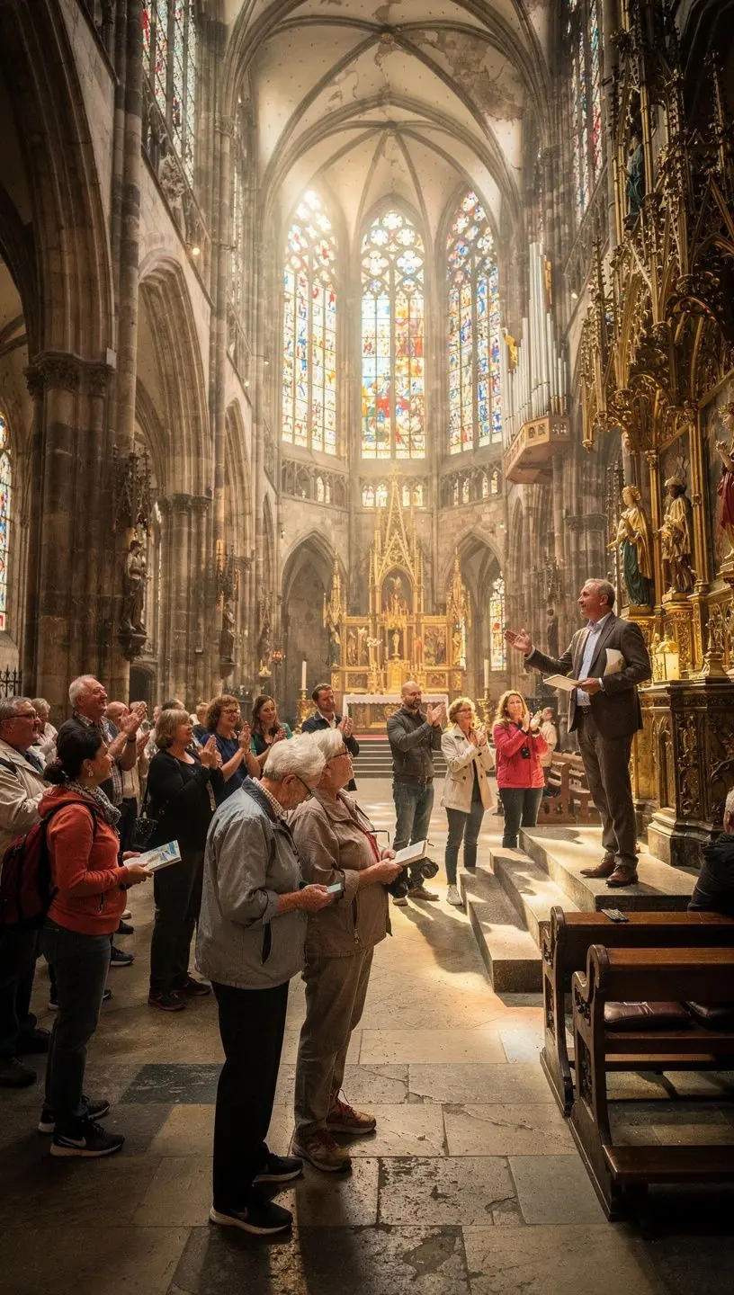 Malebný kostel svatého Víta s gotickou architekturou v pozadí zeleného parku.